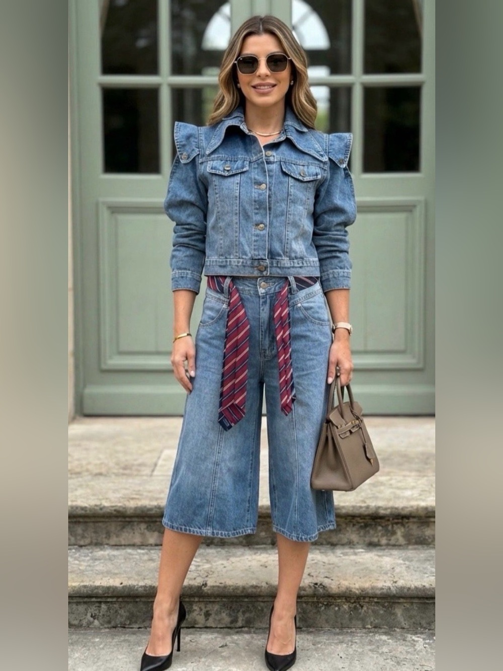 BELGIUM Denim Crop Jacket & Wide-Leg Culotte Jeans Set - Blue